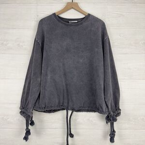 Zara Oversized Distressed Sweatshirt Women L Relaxed Grey Drawstring Crew Neck‎